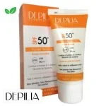 Tube et étui orange du fluide solaire Depilia SPF50+ écran invisible