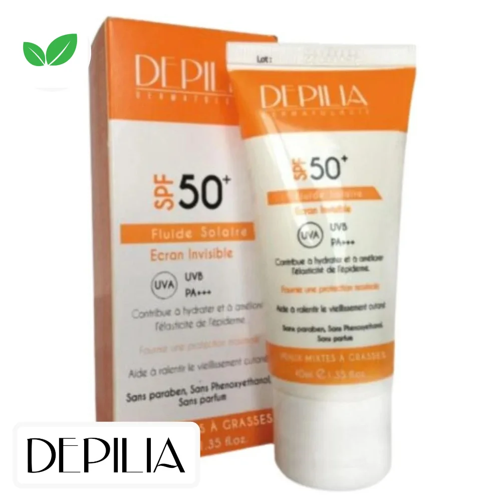 depilia-fluide-solaire-spf50-40ml.jpg Tube et étui orange du fluide solaire Depilia SPF50+ écran invisible