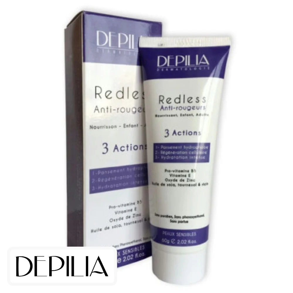 depilia-redless-anti-rougeurs-3-actions-60g.jpg Tube et étui violets Depilia Redless anti-rougeurs 3 actions 60 g