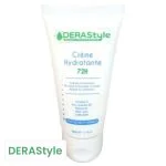 Tube blanc Derastyle crème hydratante 72H, inscriptions bleues et logo vert