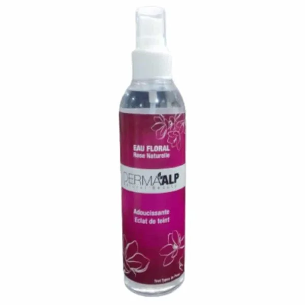Flacon spray transparent Dermaalp eau florale de rose, étiquette fuchsia
