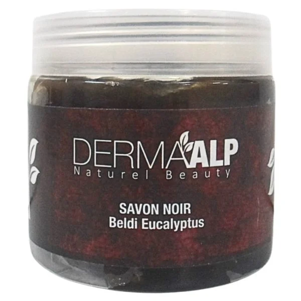Pot transparent Dermaalp savon noir beldi eucalyptus, pâte brun-rouge