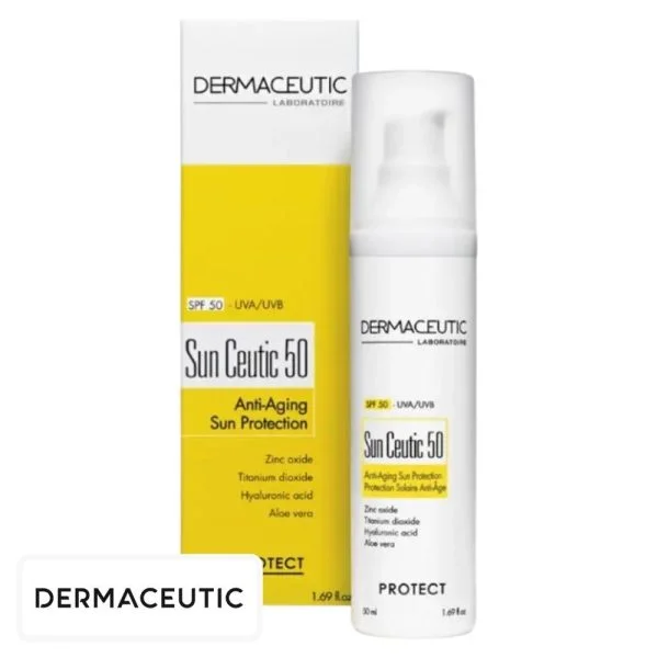 Flacon pompe blanc Dermaceutic Sun Ceutic 50 et étui jaune