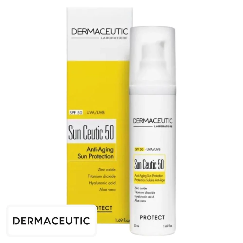dermaceutic-protect-sun-ceutic-50-solaire-anti-age-spf50-50ml.jpg Flacon pompe blanc Dermaceutic Sun Ceutic 50 et étui jaune