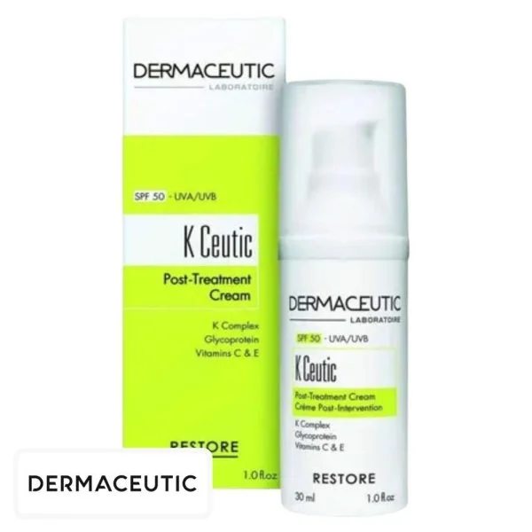 Flacon pompe blanc Dermaceutic K Ceutic SPF 50 et étui vert