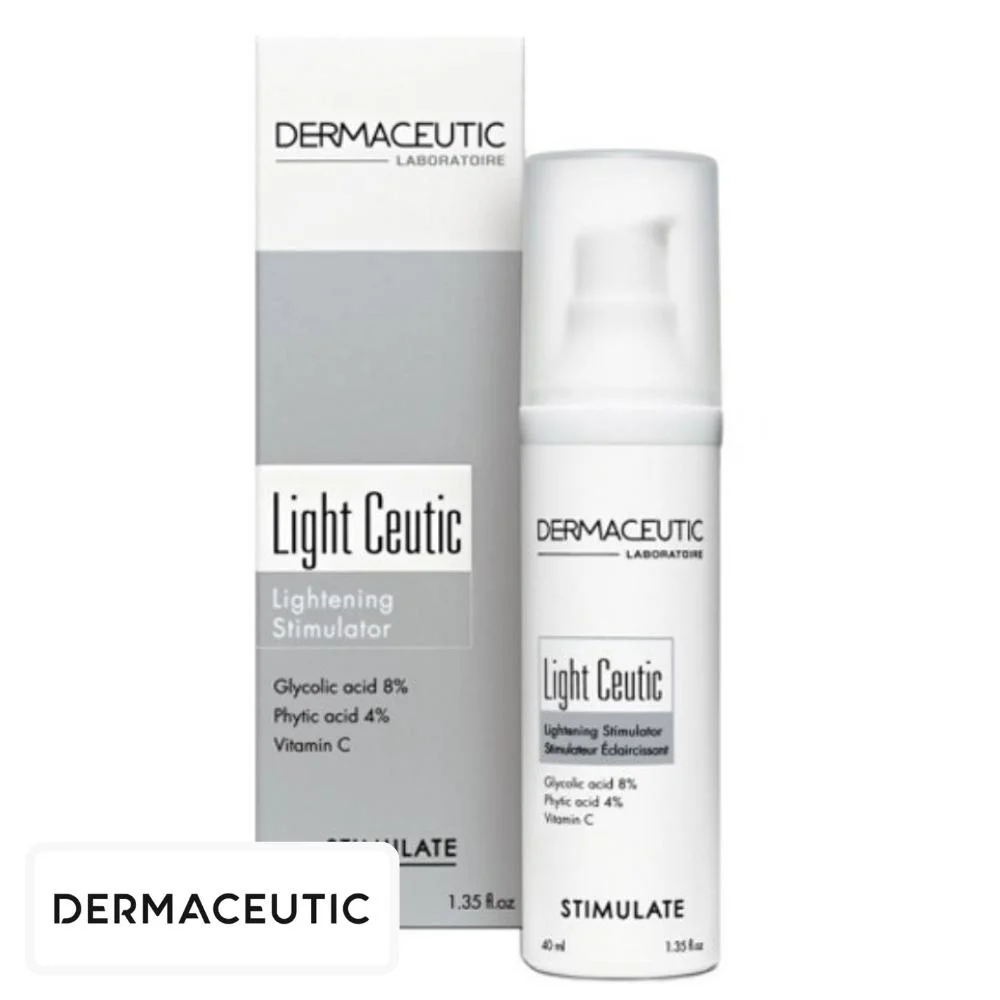 dermaceutic-stimulate-light-ceutic-stimulant-eclaircissant-40ml.jpg Flacon pompe blanc Light Ceutic Dermaceutic et étui gris 40 ml