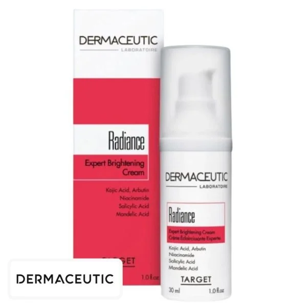 Flacon pompe blanc Dermaceutic Radiance et étui rouge 30 ml