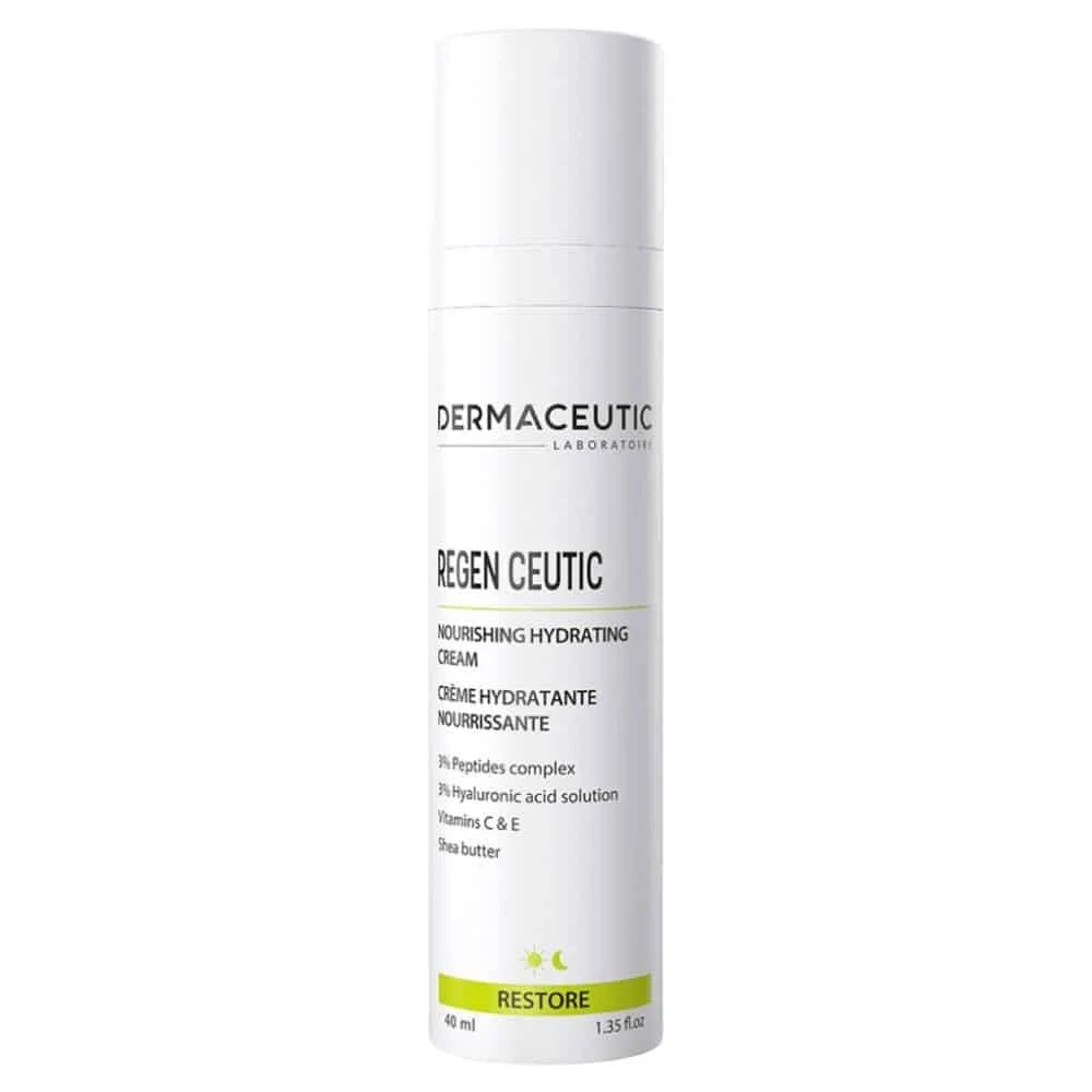 dermaceuticE2808B-restore-regen-ceutic-creme-hydratante-nourrissante-40ml.jpg Flacon airless blanc Dermaceutic Regen Ceutic 40 ml liseré vert