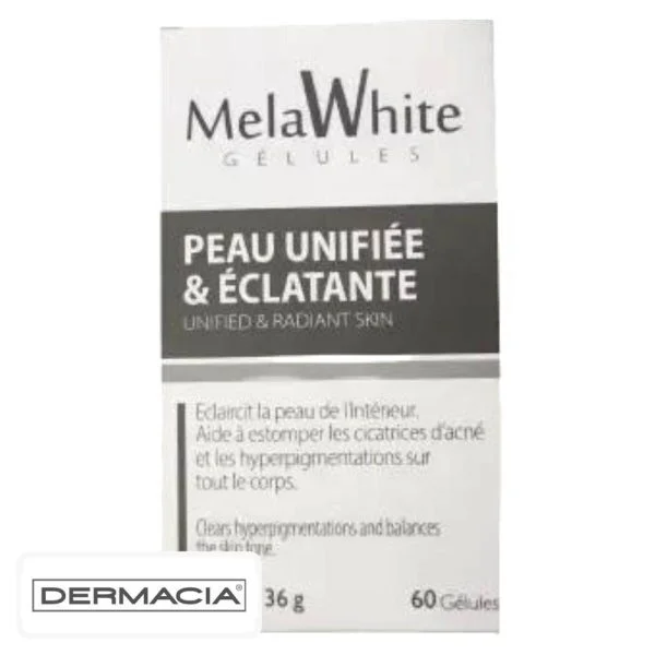 Boîte blanche et grise Dermacia MelaWhite gélules peau unifiée éclatante