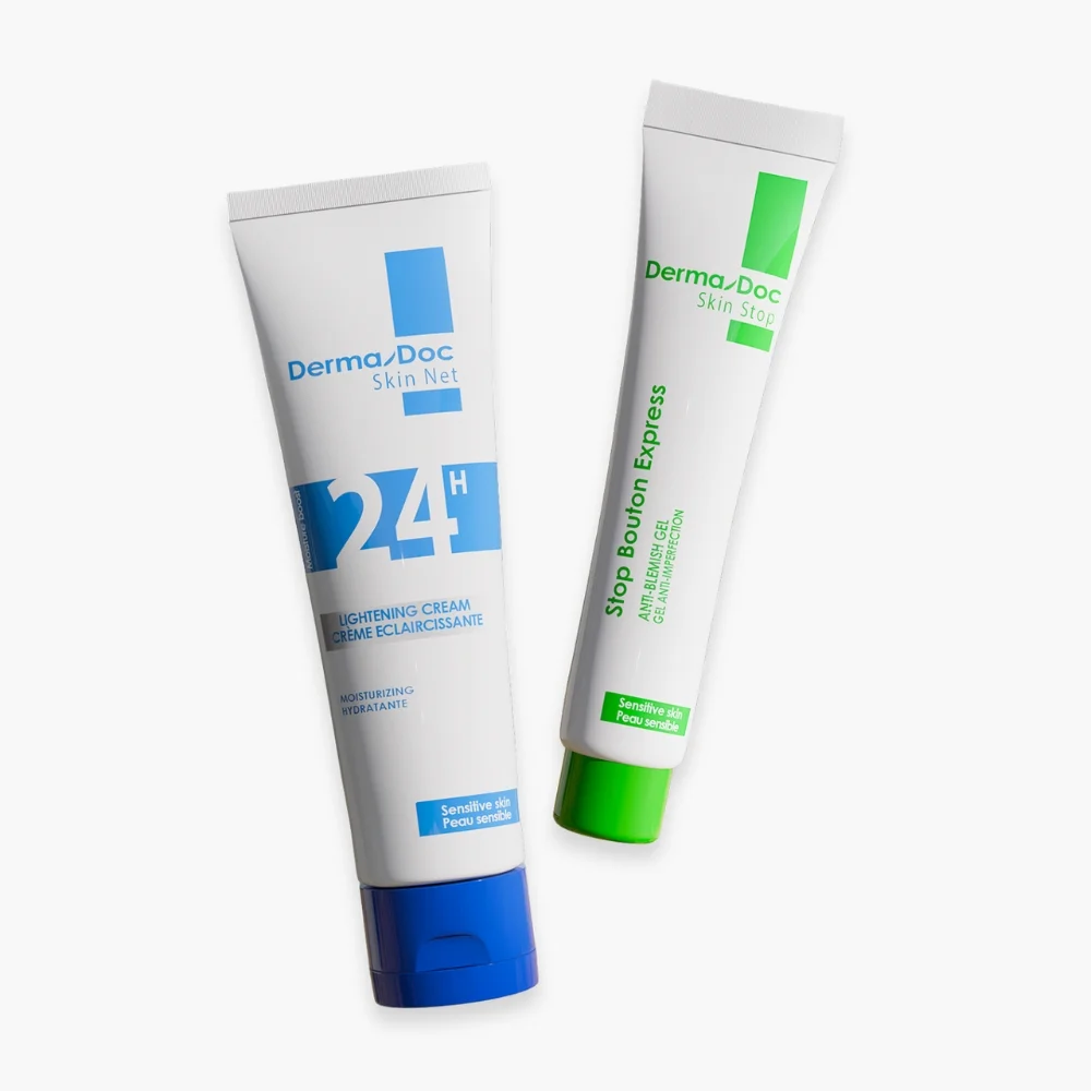 dermadoc-skin-stop-boutons-express-15ml-creme-eclaircissante-24h-50ml-1u-destockage.jpg Tube bleu crème éclaircissante 24H et tube vert gel Stop Bouton Express DermaDoc