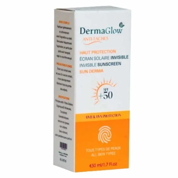 Étui blanc et orange DermaGlow Sun Derma écran solaire invisible SPF 50+