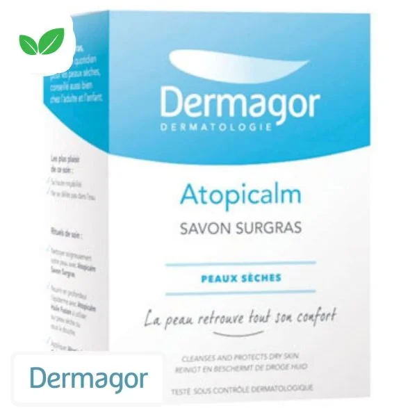 Étui bleu et blanc Dermagor Atopicalm savon surgras peaux sèches 150 g