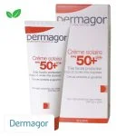 Tube et étui rouge et blanc Dermagor crème solaire FPS 50+ UVA visage