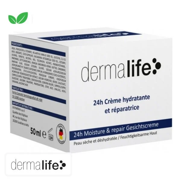 Étui blanc et bleu marine dermalife 24h crème hydratante et réparatrice 50 ml