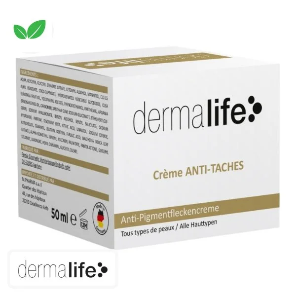 Étui blanc et doré dermalife crème anti-taches 50 ml fabriquée en Allemagne