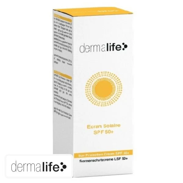 Étui blanc et jaune Dermalife écran solaire SPF 50+ motif soleil doré