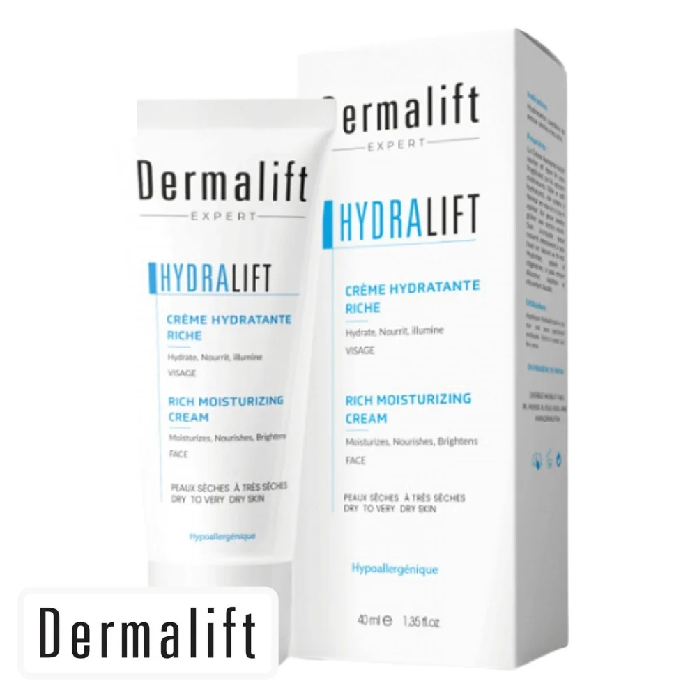 dermalift-hydralift-creme-hydratante-riche-40ml.jpg Tube et étui blancs Dermalift Expert Hydralift crème hydratante riche visage