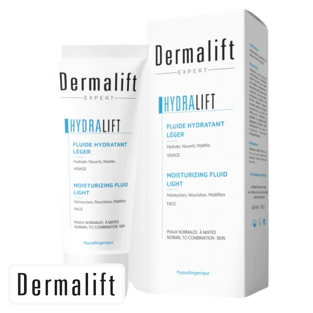 dermalift-hydralift-fluide-hydratant-leger-40ml.jpg Tube et étui blancs Dermalift Expert Hydralift fluide hydratant léger visage