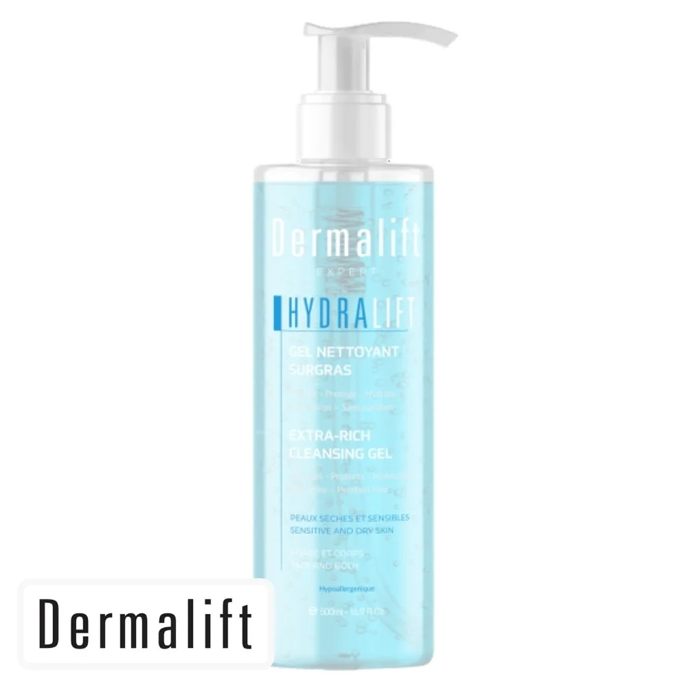 dermalift-hydralift-gel-nettoyant-surgras-500ml.jpg Flacon bleu transparent à pompe Dermalift Expert Hydralift gel nettoyant surgras 500 ml