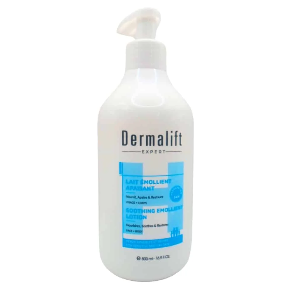 dermalift-lait-emollient-apaisant-500ml.jpg Flacon blanc à pompe Dermalift Expert lait émollient apaisant 500 ml