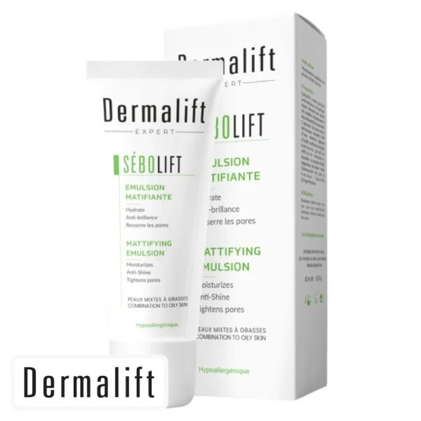 Tube et étui blancs à liseré vert Dermalift Expert Sébolift émulsion matifiante