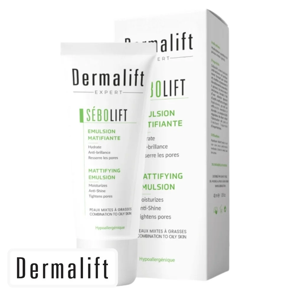 dermalift-sebolift-emulsion-matifiante-40ml.jpg Tube et étui blancs à liseré vert Dermalift Expert Sébolift émulsion matifiante