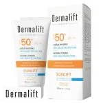 Tube et étui blancs à bandeau orange Dermalift Sunlift crème invisible SPF 50+