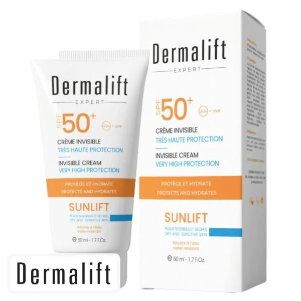 Tube et étui blancs à bandeau orange Dermalift Sunlift crème invisible SPF 50+