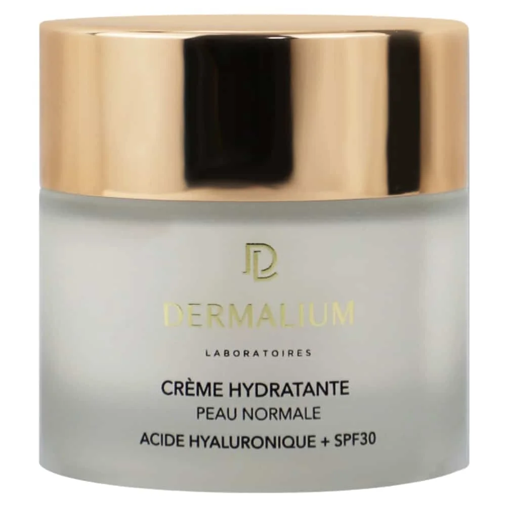 dermalium-creme-hydratante-peau-normale-spf30-50ml.jpg Pot de verre dépoli à couvercle doré Dermalium crème hydratante peau normale