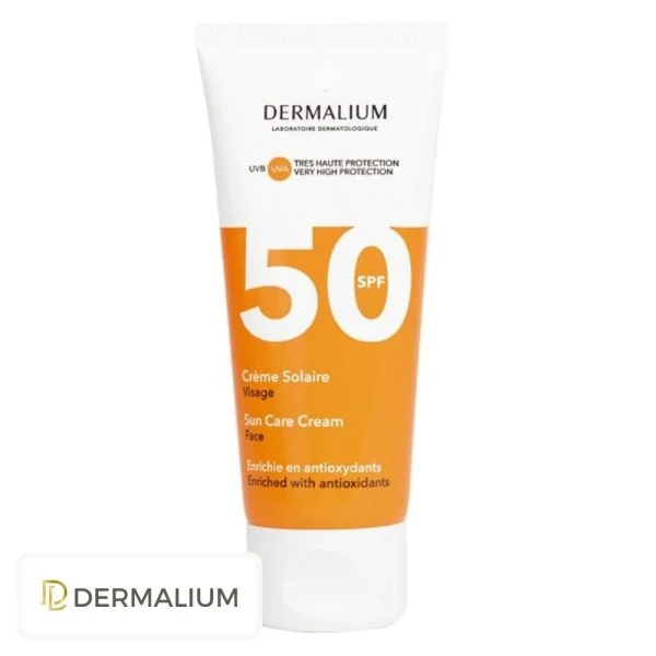 Tube blanc et orange Dermalium crème solaire visage SPF 50 antioxydants