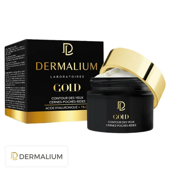 Pot noir à couvercle doré et étui Dermalium Gold contour des yeux