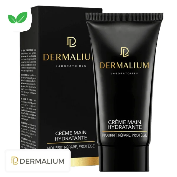 Tube noir laqué et étui doré Dermalium crème main hydratante
