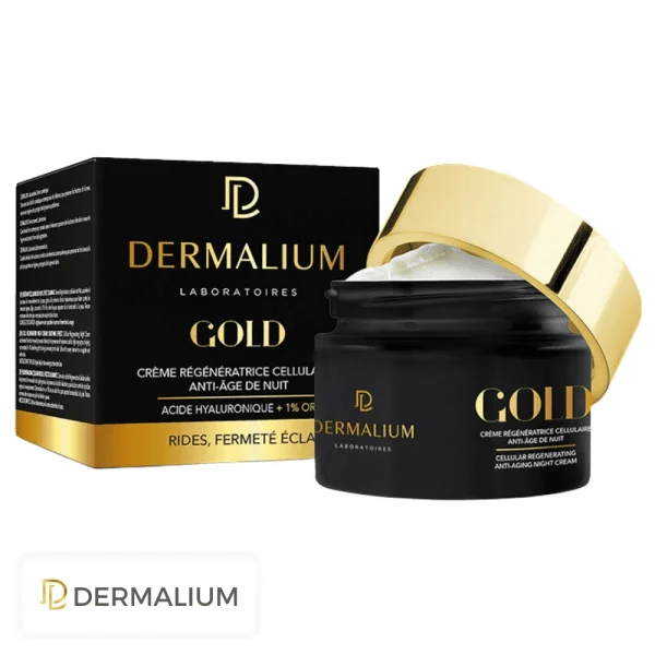 Pot noir à couvercle doré Dermalium Gold crème de nuit et étui