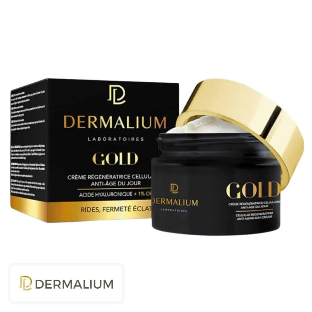 dermalium-gold-creme-regenaratrice-cellulaire-anti-age-du-jour-50ml.jpg Pot noir à couvercle doré et étui Dermalium Gold crème anti-âge jour