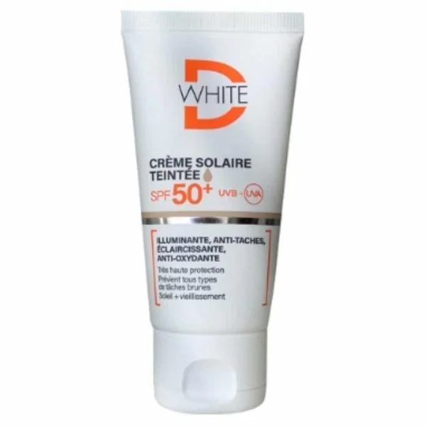 Tube blanc D-White crème solaire teintée SPF 50+ visage