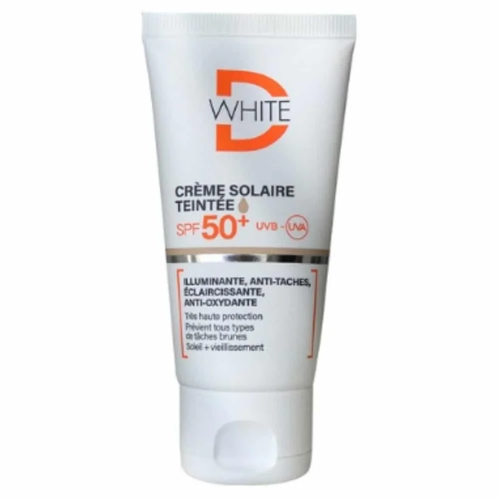 dermalliance-d-white-creme-solaire-teinte-medium-spf50-50ml.jpg Tube blanc D-White crème solaire teintée SPF 50+ visage
