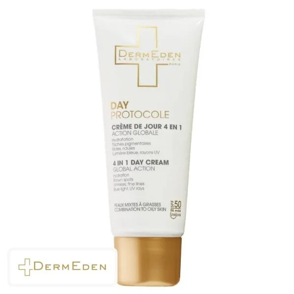 Tube blanc et doré DermEden Day Protocole crème jour SPF 50 peaux mixtes