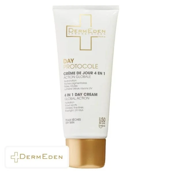 Tube blanc et doré DermEden Day Protocole crème jour SPF 50 peaux sèches