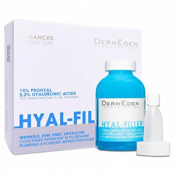 Flacon bleu DermEden Hyal-Filler avec applicateur et étui blanc 30 ml