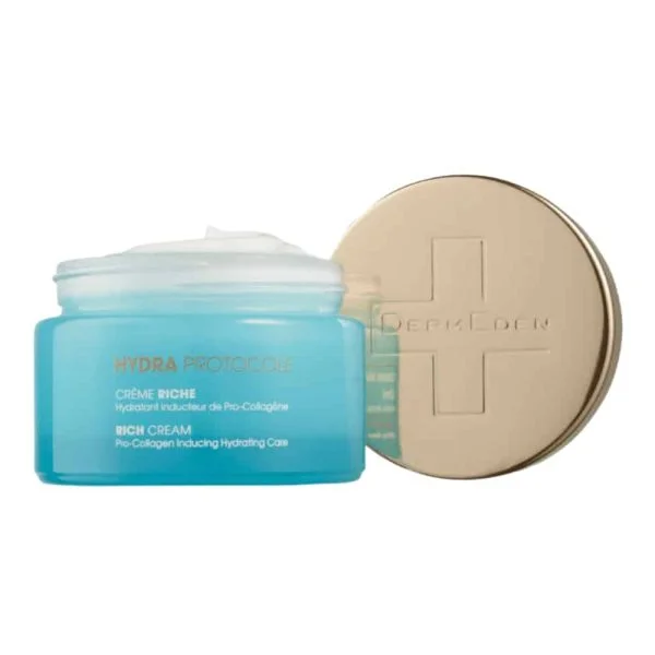 Pot bleu DermEden Hydra Protocole crème riche et couvercle doré 50 ml