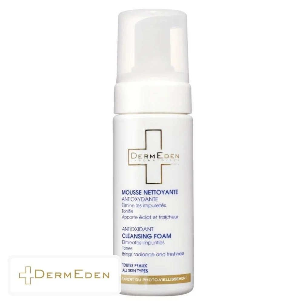dermeden-mousse-nettoyante-antioxydante-150ml.jpg Flacon pompe blanc DermEden mousse nettoyante antioxydante 150 ml visage