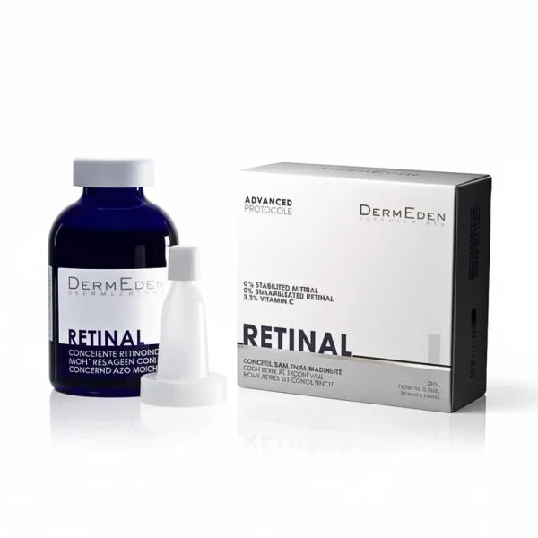 Flacon bleu foncé DermEden Retinal avec applicateur et étui blanc 30 ml