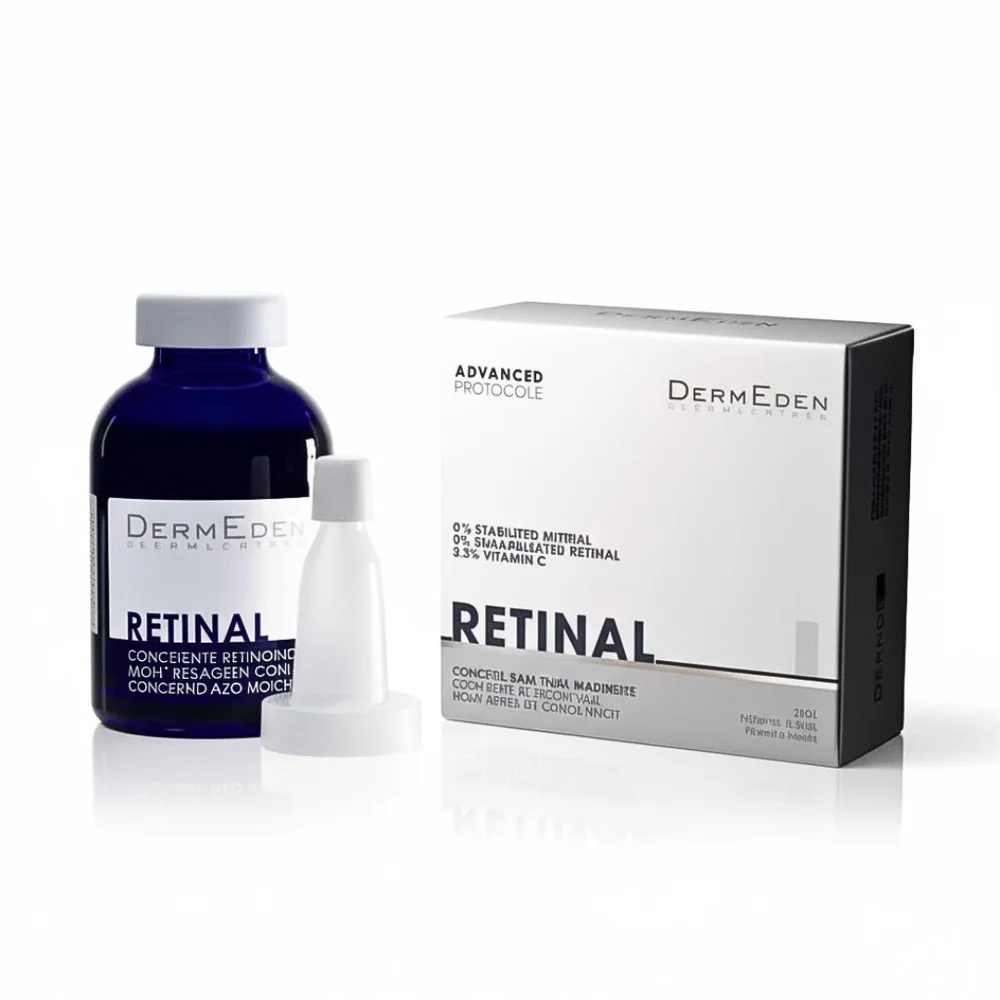 dermeden-retinal-concentre-retinoides-nuit-30ml.jpg Flacon bleu foncé DermEden Retinal avec applicateur et étui blanc 30 ml
