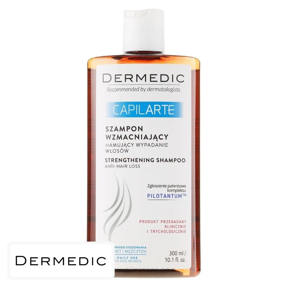 dermedic-capilarte-shampoing-fortifiant-300ml.jpg Flacon ambré Dermedic Capilarte shampoing fortifiant 300 ml, bouchon blanc