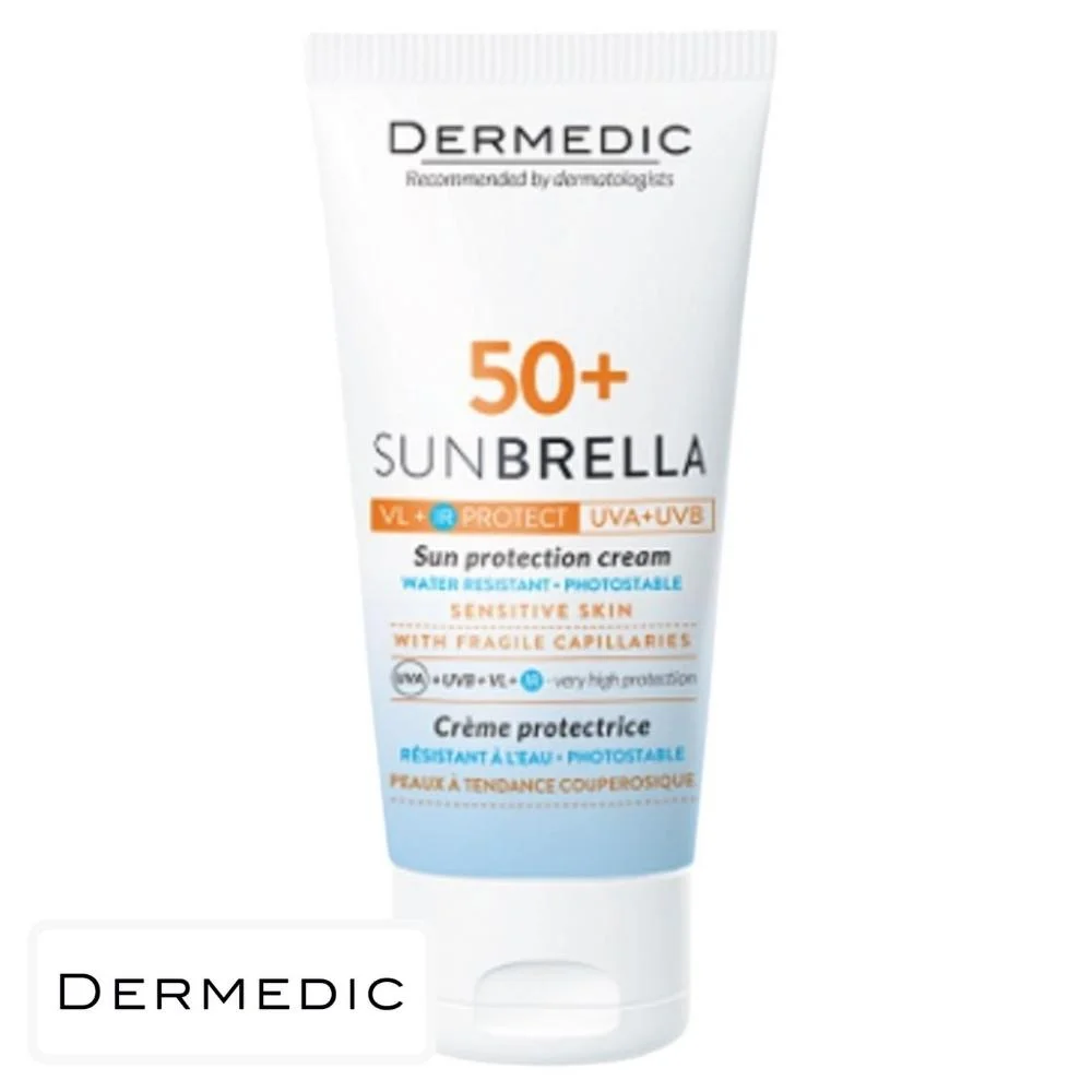 dermedic-sunbrella-creme-solaire-spf50-peau-a-tendance-couperosique-50ml.jpg Tube Dermedic Sunbrella SPF 50+ crème protectrice peaux couperosiques