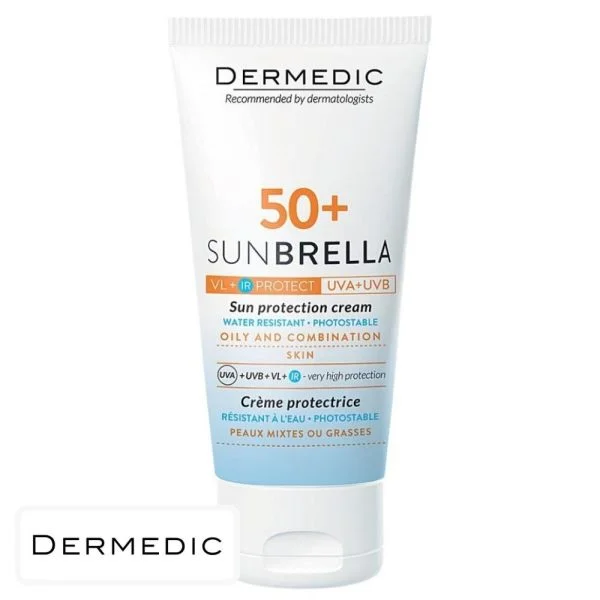 Tube Dermedic Sunbrella SPF 50+ crème protectrice peaux mixtes grasses