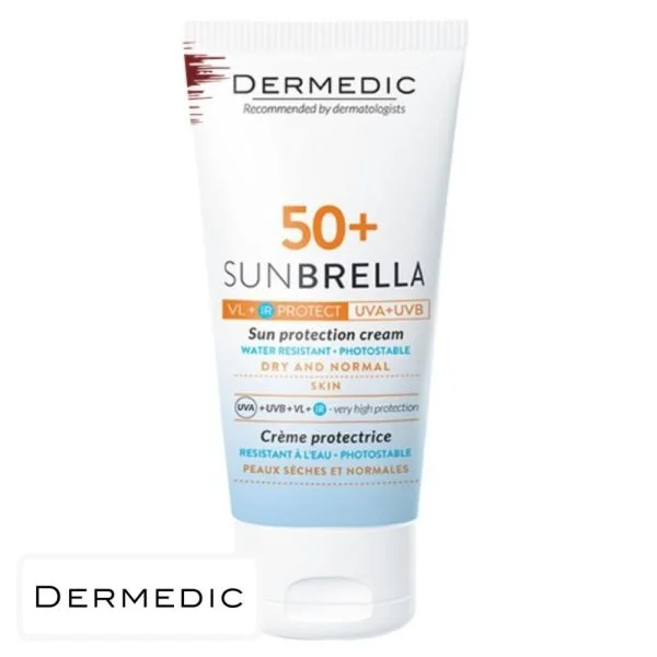 Tube blanc et bleu Dermedic Sunbrella SPF 50+ crème protectrice