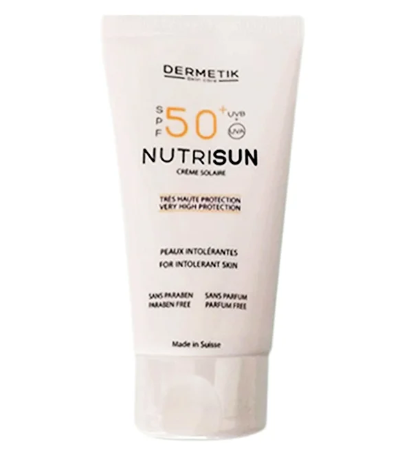 dermetik-nutrisun-ecran-solaire-invisible-en-creme-spf50-50ml.jpg Tube beige Dermetik Nutrisun crème solaire SPF 50+ peaux intolérantes