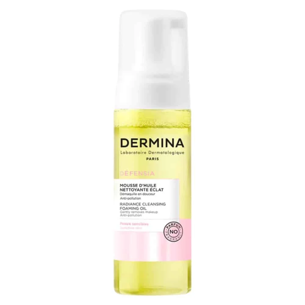 dermina-defensia-mousse-dhuile-nettoyante-eclat-150ml.jpg Flacon pompe transparent Dermina Défensia mousse d'huile nettoyante, huile jaune
