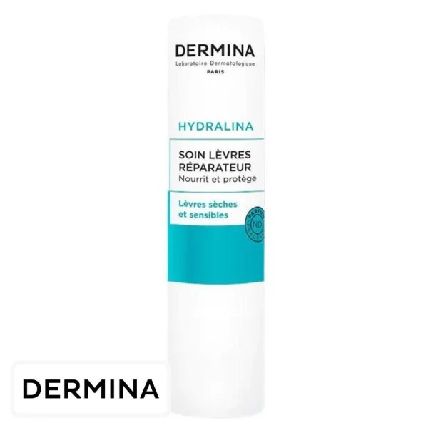 Stick blanc et turquoise Dermina Hydralina soin lèvres réparateur